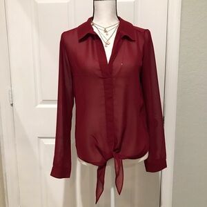 Elan Sheer Burgundy V-Neck Collar Long Sleeve Front Tie Blouse Size S